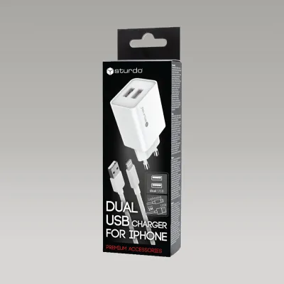 Sturdo sieťová nabíjačka 2,1A 2xUSB + Lightning.kábel, Biely