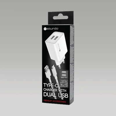 Sturdo sieťová nabíjačka 2,1A 2xUSB + Type-C kábel, Biely