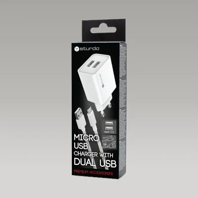 Sturdo sieťová nabíjačka 2,1A 2xUSB + Micro USB kábel, Biely