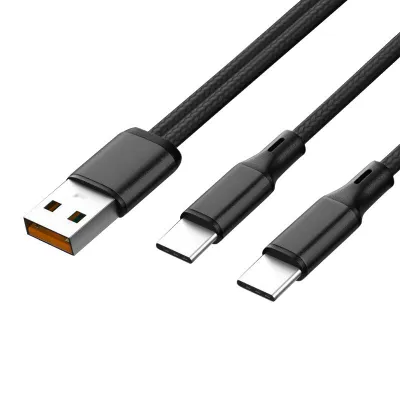 Sturdo textilný nab. kábel 2in1, 1,2m USB kábel na 2x Type-C (QC 5A+2A), čierny
