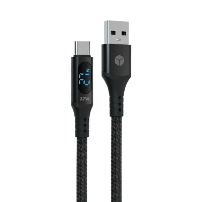 Sturdo textilný kábel Type-C 27W 3A QC 1M s LED displejom, čierny