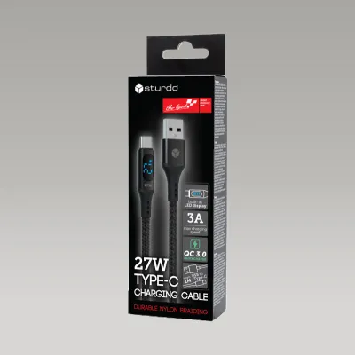Sturdo textilný kábel Type-C 27W 3A QC 1M s LED displejom, čierny
