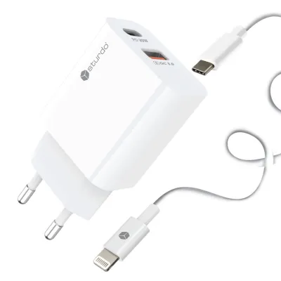 Sturdo sieťová nabíjačka Mini 20W PD+USB QC 3.0 + Lightning kábel, biela