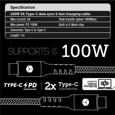Sturdo textilný kábel 2x Type-C PD 100W 5A, biely