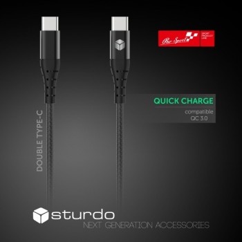 Textilný kábel Sturdo 2x USB Type C, čierny, 1m, 2,4 A