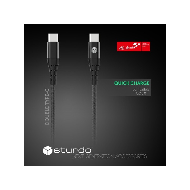 Textilný kábel Sturdo 2x USB Type C, čierny, 1m, 2,4 A