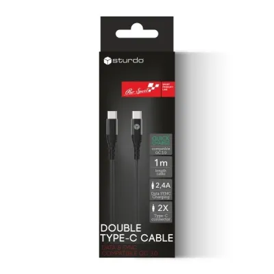Textilný kábel Sturdo 2x USB Type C, čierny, 1m, 2,4 A
