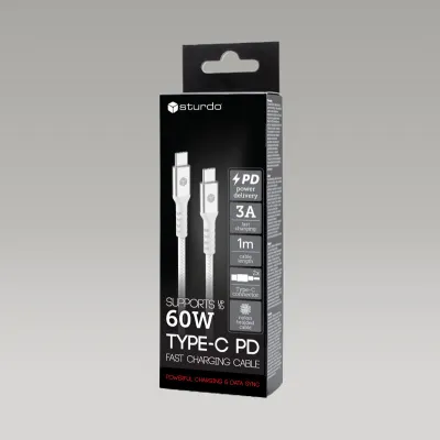 Sturdo textilný kábel 2x Type-C PD 60W 3A, 1m, biely