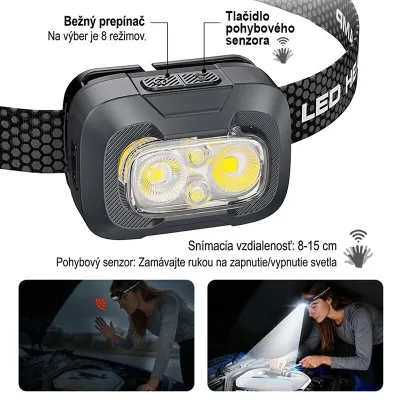 STURDO Čelovka LED s pohybovým senzorom, čierna