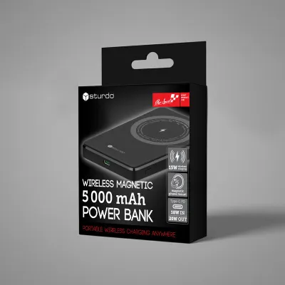 STURDO Powerbanka 5000 mAh, 15W, magnetická, čierna