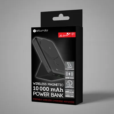 STURDO Powerbanka so stojanom 10000 mAh, 22.5W QC, magnetická, čierna